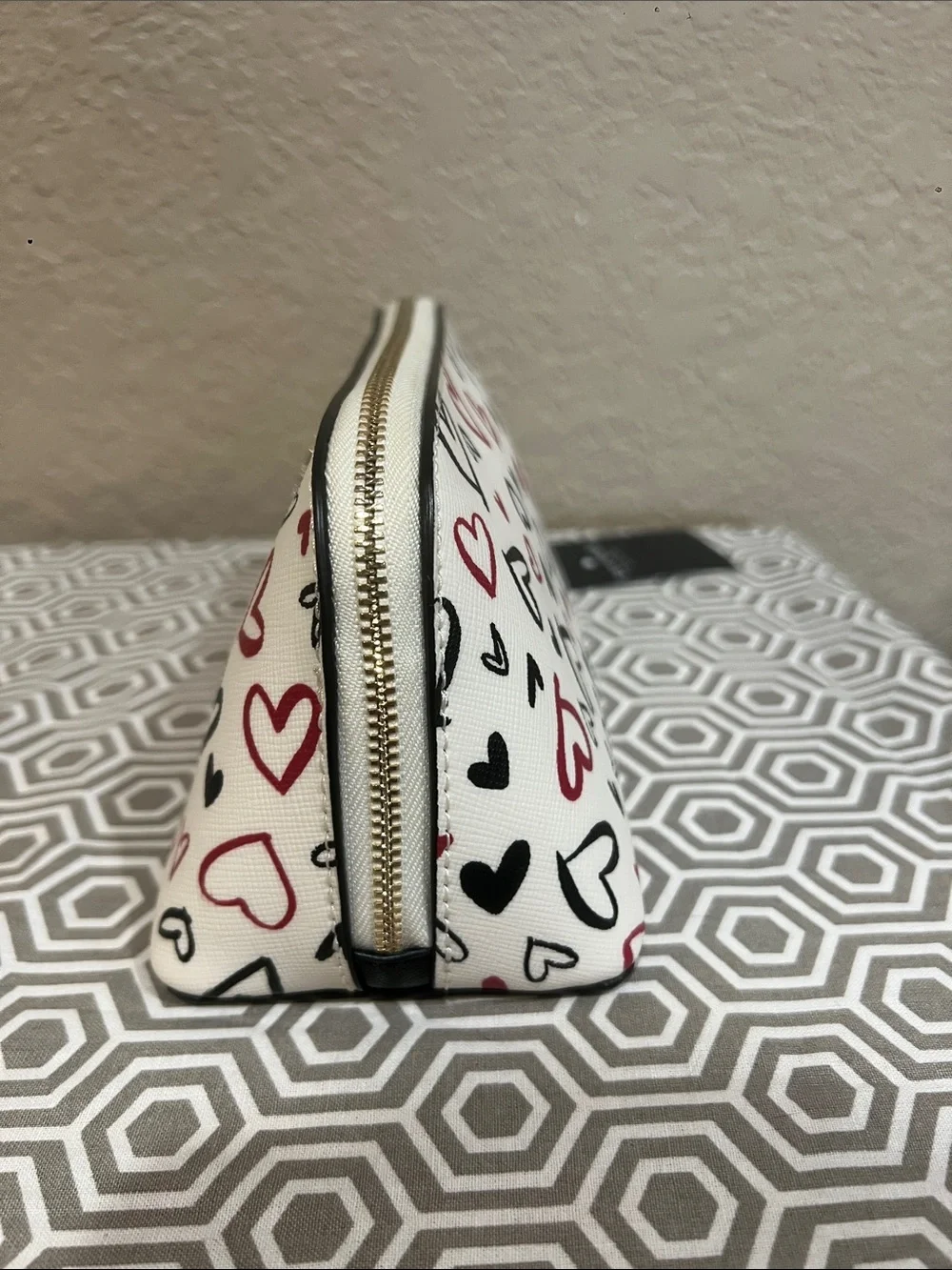 kate spade White Cosmetic Pouch with Red & Black Heart Print